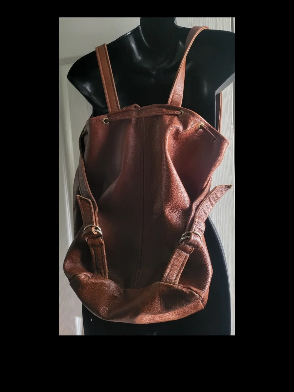 Leather Unisex Drawstring Backpack Brown with Front Buckle Pockets Extra Large